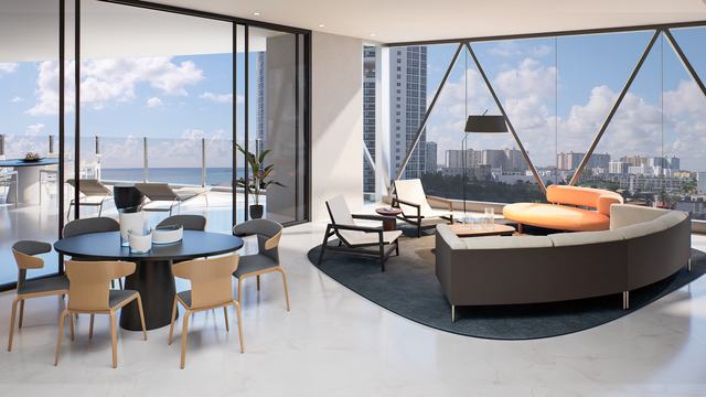 West Unit — Living & Dining Room — Bentley Residences Miami
